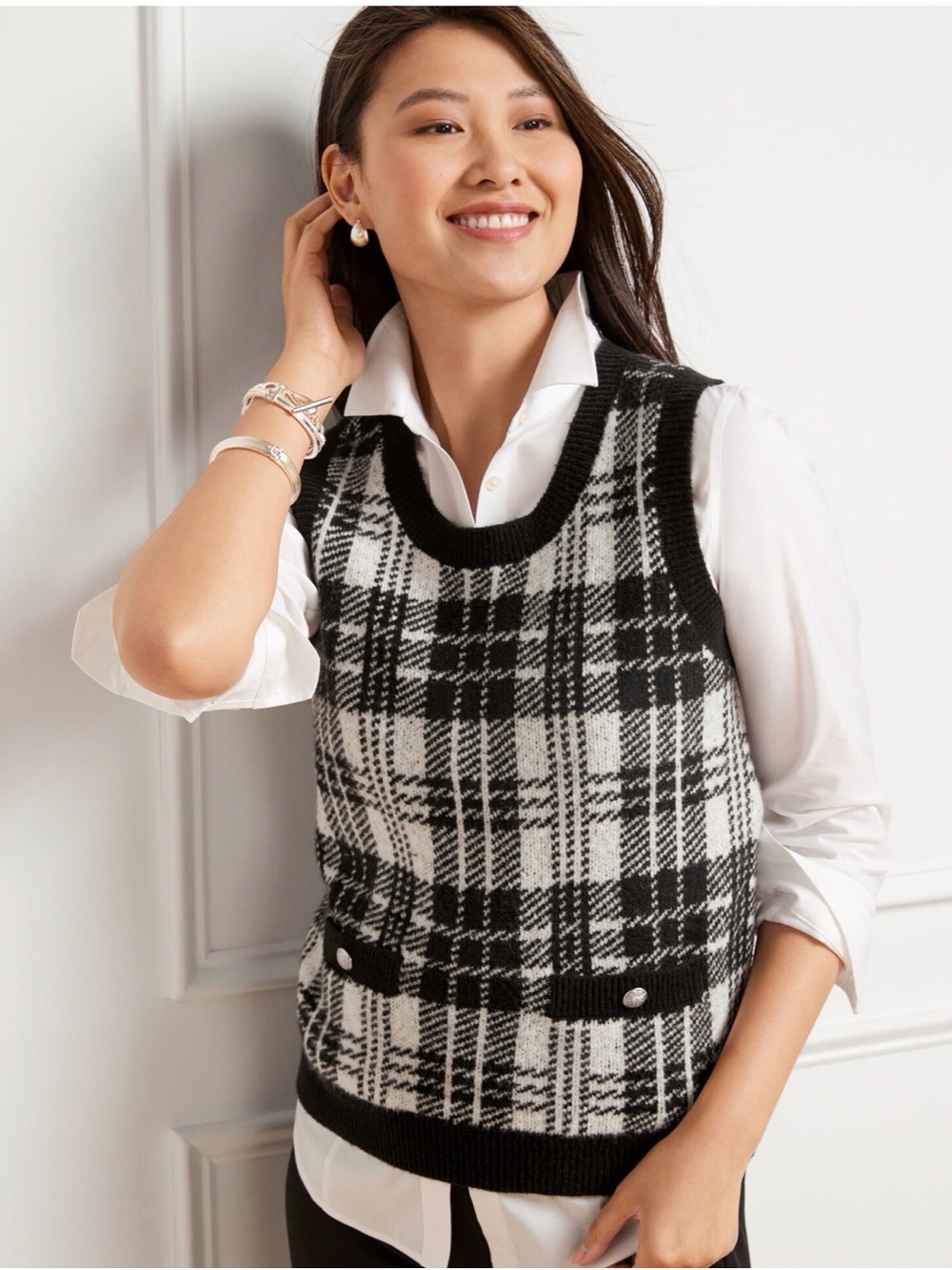 Talbots Plaid Knit Sweater Vest Black White Crew Neck Faux Pockets Sleeveless L